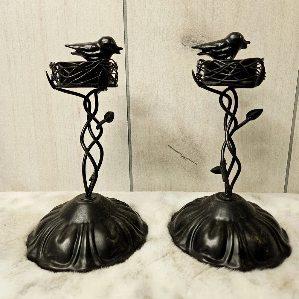Pair of Bird & Nest Black Bronze Twisted Vine with Leaves Stemmed Candle Holders